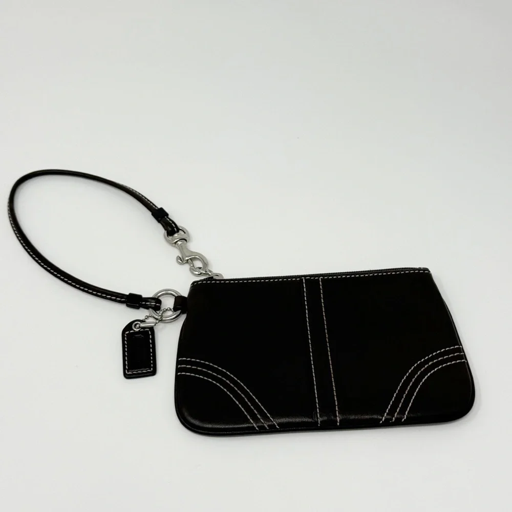 Coach Dark Brown Leather Wristlet Clutch Pouch Purse Zip Top Signature